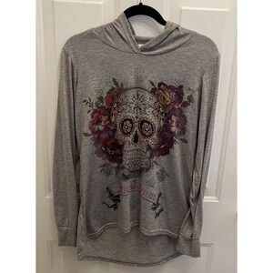 Sweet Gisele Gray‎ HIgh-Low Hoodie New Orleans Bling Skull Mardi Gras Womens L